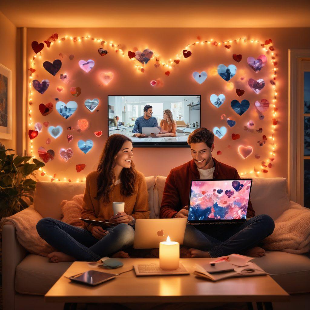 A couple sitting together with laptops open, surrounded by floating hearts and video call screens, representing their digital connection. Soft, warm lighting that signifies intimacy and romance, with glimpses of their favorite shared memories on the screens. The background features a cozy living room setting, blending digital and real-life love. vibrant colors. super-realistic.