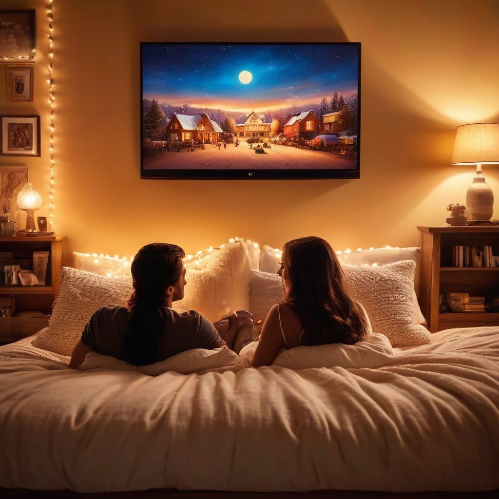 A captivating scene depicting two people sharing a loving moment while watching a romantic movie together, surrounded by warm, cozy lighting and soft pillows. Include elements like popcorn, vintage film reels, and a glowing projector in the background, all set in a charming living room with heartfelt memories displayed on the walls. super-realistic. warm colors. cozy atmosphere.